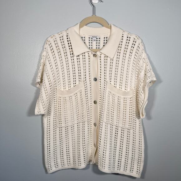 Pistola Lola Open-Knit Button-Front Crochet Cardigan Sweater Ecru Cream L - Picture 2 of 9